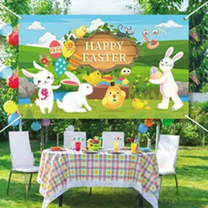 Happy Easter banner backdrop with cute cartoon rabbits and eggs for outdoor party
