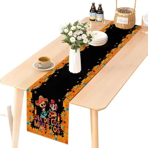 Day of the Dead table runner with sugar skull and marigold flowers for holiday table decor.