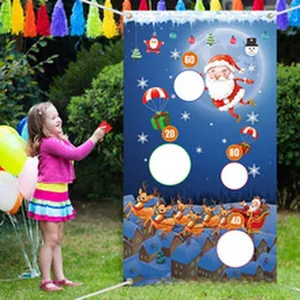 Christmas themed toss game banner featuring Santa Claus and scoring holes for outdoor fun.