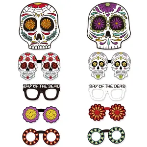 Accessoires photo mexicains Jour des Morts et lunettes en papier tête de mort.