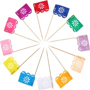 Day Of The Dead Felt Cake Toppers Mexican Party Decorations Papel Picado Style Hollow Out Floral Wood Dessert Picks For Celebration