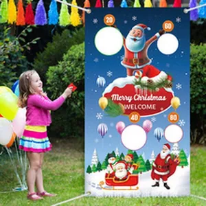 Outdoor Christmas bean bag toss game banner with Santa Claus and elf illustrations