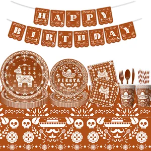 Set di Stoviglie Usa e Getta Messicano Giorno Dei Morti Marrone Bianco Motivo Teschio Sombrero Decorazioni per Feste di Compleanno