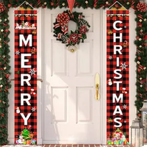Red and black buffalo plaid Merry Christmas door banners for festive outdoor decor