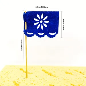 Blue felt cake topper flag for Mexico Day of the Dead party with dimensions 5.8cm by 5cm