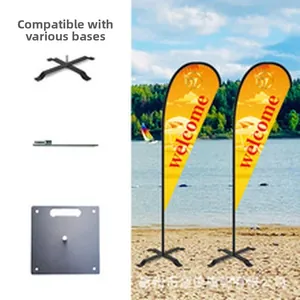 Outdoor teardrop flags in yellow with Welcome text and multiple base options for display