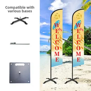 Outdoor advertising feather flags with various base options for beach events and promo.