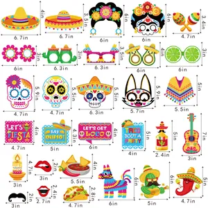Detailed dimensions of Mexican fiesta party photo booth props including skulls and tacos