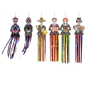 Halloween Day of the Dead hanging decorations with colorful streamers for outdoor garden decor