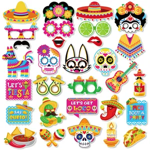 Vibrant Mexican Fiesta photo booth props with sugar skulls and sombreros detail