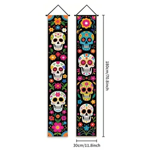 Mexican Day Of The Dead Porch Sign Banner Dia De Los Muertos Hanging Flags For Outdoor Indoor Home Party Decoration Polyester Skeleton Sugar Skull Flower Pattern Welcome Porch Banners