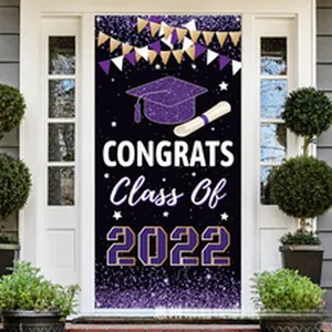 Purple graduation door banner with 'Congrats Class of 2022' text and graduation cap icons