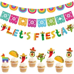 Mexican Fiesta Party Decorations Let's Fiesta Banner Papel Picado Colorful Banners Taco Cactus Toppers Day Of The Dead Decor