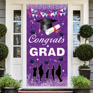 Purple graduation door banner decoration featuring Congrats GRAD text and cap icons