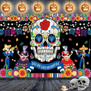 Mexican Dia de los Muertos party banner with colorful sugar skull and skeletons backdrop