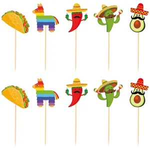 Detailed view of Mexican fiesta cake toppers featuring taco, cactus, and chili designs