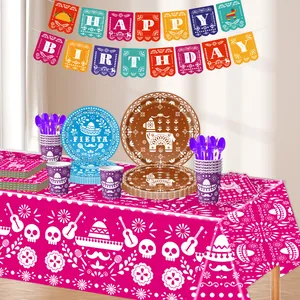 Vollständiges mexikanisches Fiesta-Party-Geschirrset zum Tag der Toten mit festlichem Banner