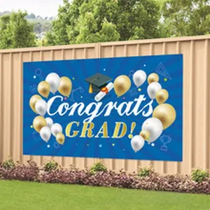 Large blue graduation banner featuring Congrats GRAD text with gold balloons for fence decor