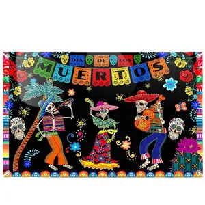 Vibrant Day of the Dead party backdrop banner featuring traditional Mexican skeleton designs