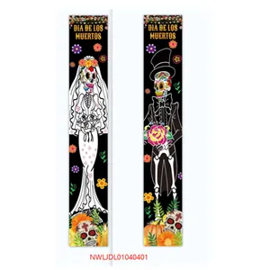 Dia de los Muertos vertical door banners featuring skeleton bride and groom designs