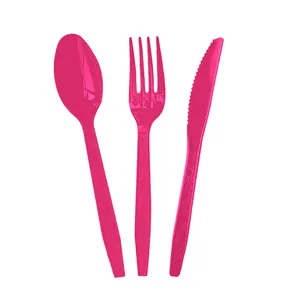 Disposable hot pink plastic cutlery set with textured handles for party celebration