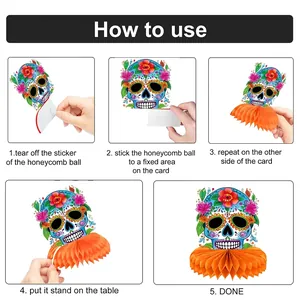 Step-by-step assembly guide for Day of the Dead skull honeycomb centerpiece decoration.