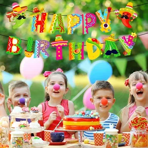 Mexican fiesta birthday banner with cactus and sombrero decorations for kids party.
