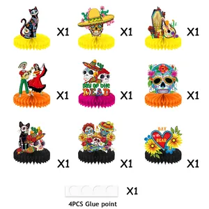 Set of 9 Day of the Dead honeycomb centerpieces with glue points for party decor