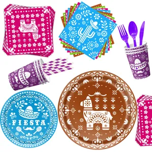 Mexikanisches Fiesta-Partygeschirr-Set mit bunten Lama- und Kakteenmustern auf weißem Grund