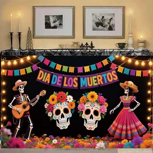 Mexikanisches Tag der Toten Hintergrund Banner Polyester Skelett Braut Bräutigam Zuckerschädel Blumen Für Fiesta Party Fotografie