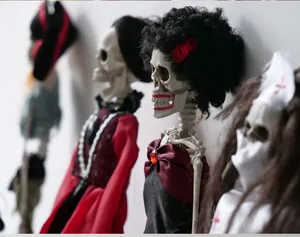 Detailansicht von Halloween Skelettfiguren in Piraten- und Tag-der-Toten-Kostümen geschmückt.