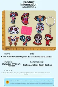 Detailed view of Day of the Dead PVC keychains with size reference on a yellow background