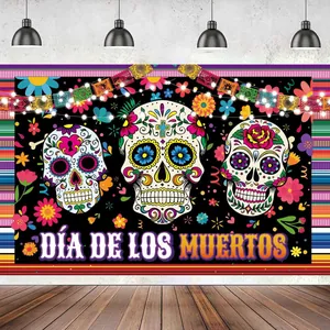 Día de los Muertos festival party backdrop featuring three colorful sugar skulls and flowers