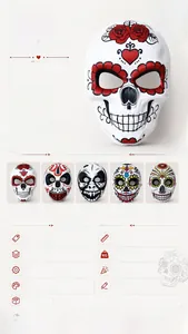 Détail des masques de crâne mexicains avec cinq styles de motifs colorés