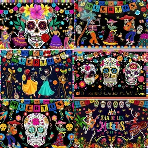Detailed showcase of six vibrant Día de los Muertos party backdrops with festive skull designs.