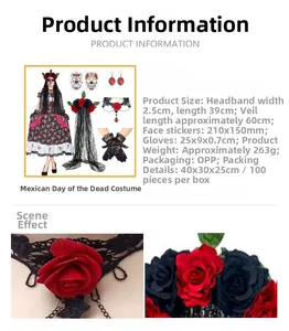 Detailed specifications for Day of the Dead costume set including veil and accessories.