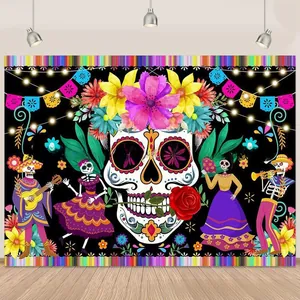 Colorful Day of the Dead backdrop featuring traditional sugar skull and skeletons
