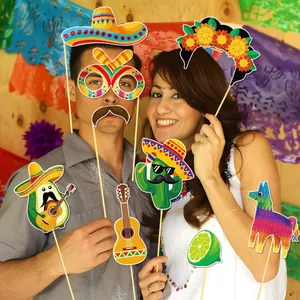 Mexican fiesta party photo booth props kit with colorful festive themed cutouts