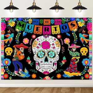 Colorful Day of the Dead party backdrop featuring sugar skull and Mexican skeletons