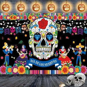 Dia de los Muertos party backdrop with colorful sugar skulls and marigolds for decoration
