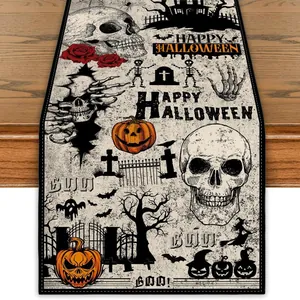 Chemin de Table Halloween pour Décoration de Table à Manger Squelette Citrouille Vintage Effrayant Jour des Morts Nappe