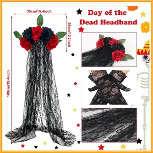 Detailed view of Day of the Dead headband with red roses and black lace veil.