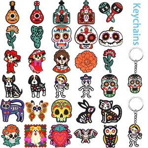 Mexican Day of the Dead Theme Keychain DIY Sugar Skull Floral PVC Soft Rubber Bag Pendant Cartoon Festival Hanging Ornament Accessories