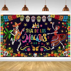 Vibrant Dia de los Muertos backdrop for party decorations with skulls and skeletons