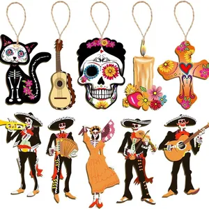 Colorful Day of the Dead wooden hanging ornaments set for Mexican Fiesta decoration