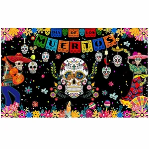 Vibrant Dia de Muertos backdrop featuring colorful sugar skulls and floral patterns