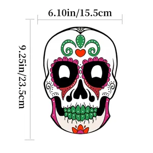 Detailed dimensions of colorful paper sugar skull mask for Day of the Dead themed parties
