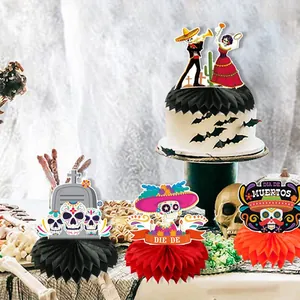 Mexican Day of the Dead party decorations featuring skull honeycomb centerpieces for tables.