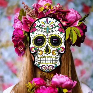 Mexican Day of the Dead sugar skull paper mask with a vibrant floral headband detail