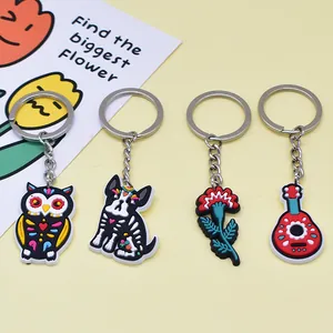 Day of the Dead PVC keychains set with colorful owl dog flower and guitar charms